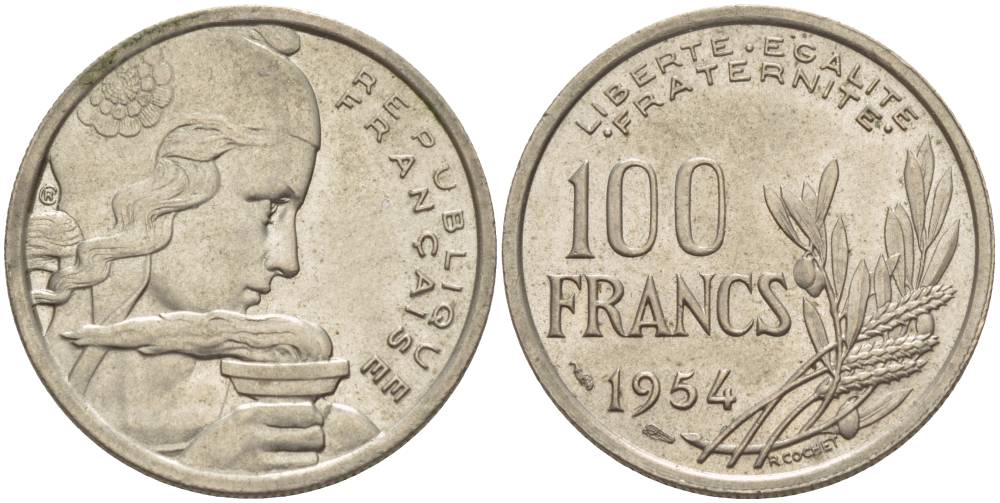 ФРАНЦИЯ 100 ФРАНКОВ 1954 KM 919.1, LE FRANC 450.2 медно-никель 4544-424