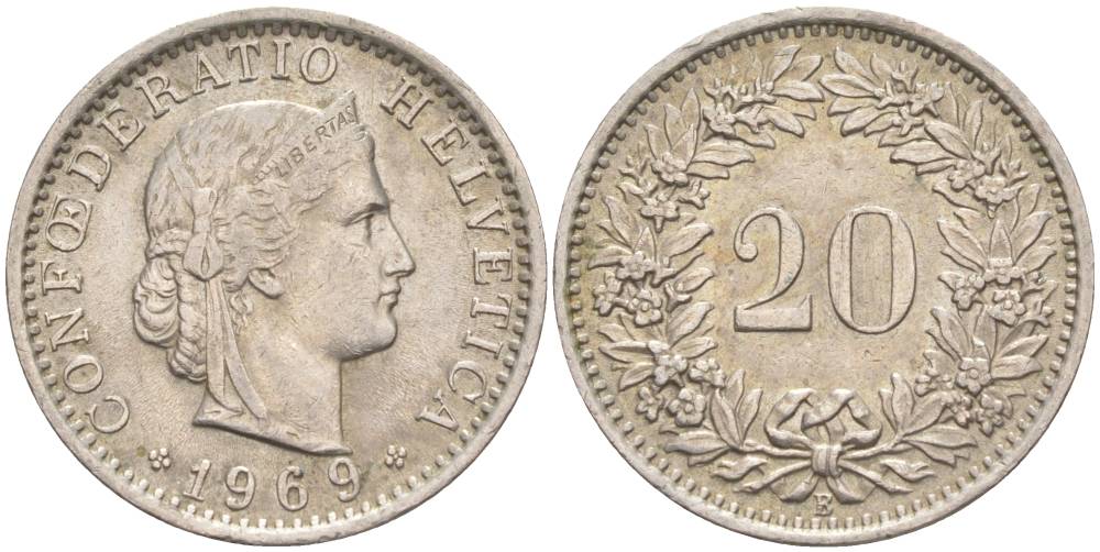 Швейцария 20 раппенов 1969 В KM 29а медно-никель 55-912