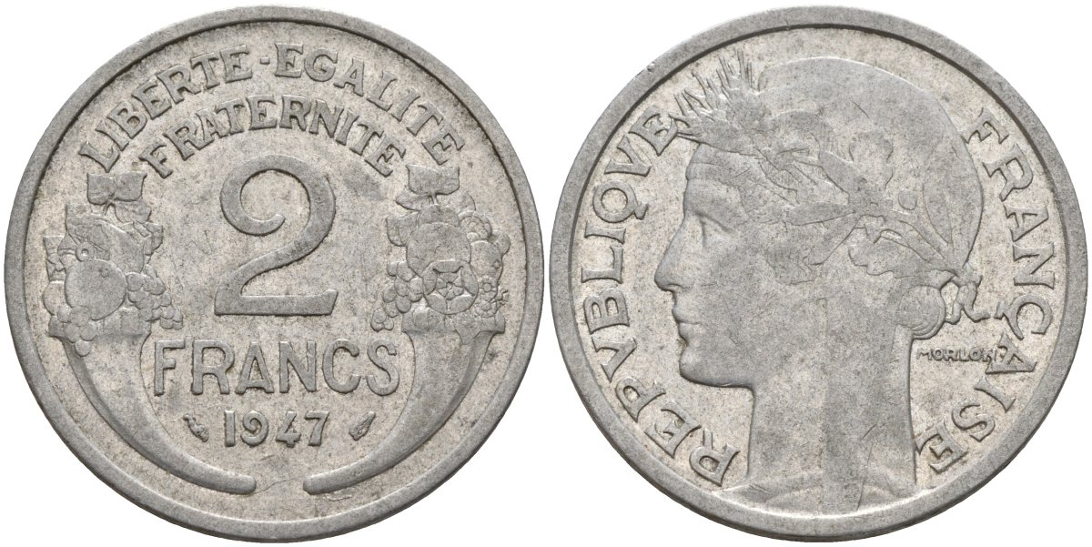 Франция 2 франка 1947 KM 886a, Le Franc 269.10 алюминий 4144-342