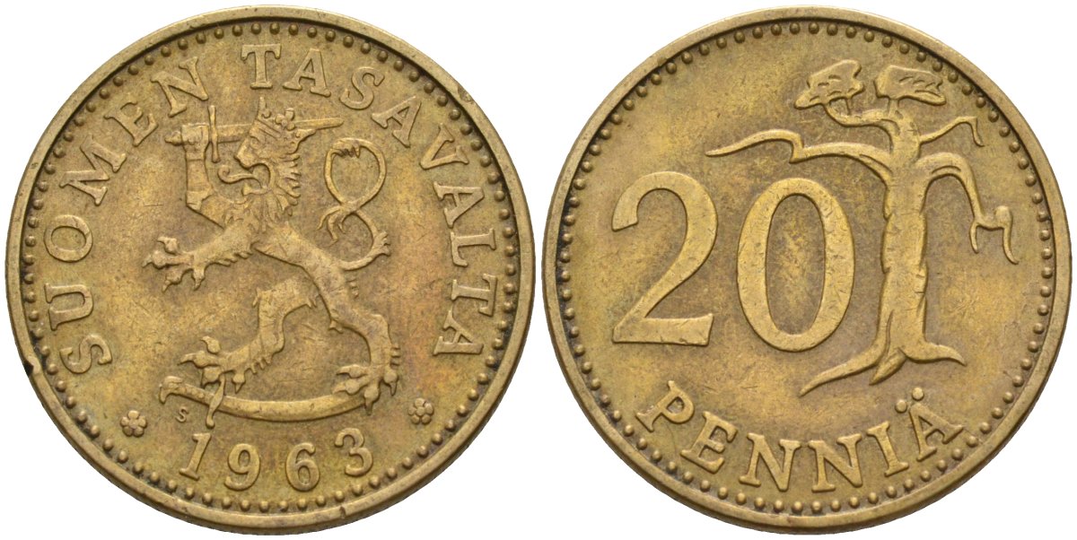 Финляндия 20 пенни 1963 S KM 47 алюминиевая бронза 4582-1257