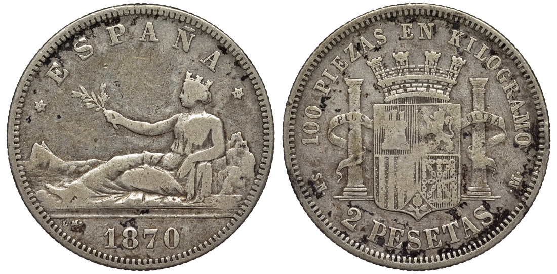 Испания 2 песеты 1870 (70) SN-M KM 654 серебро 4566-644