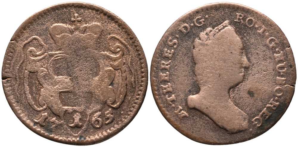 АВСТРИЯ 1 ПФЕННИГ 1765 МАРИЯ ТЕРЕЗА, UNIFORM COINAGE KM 1979 медь 117-537