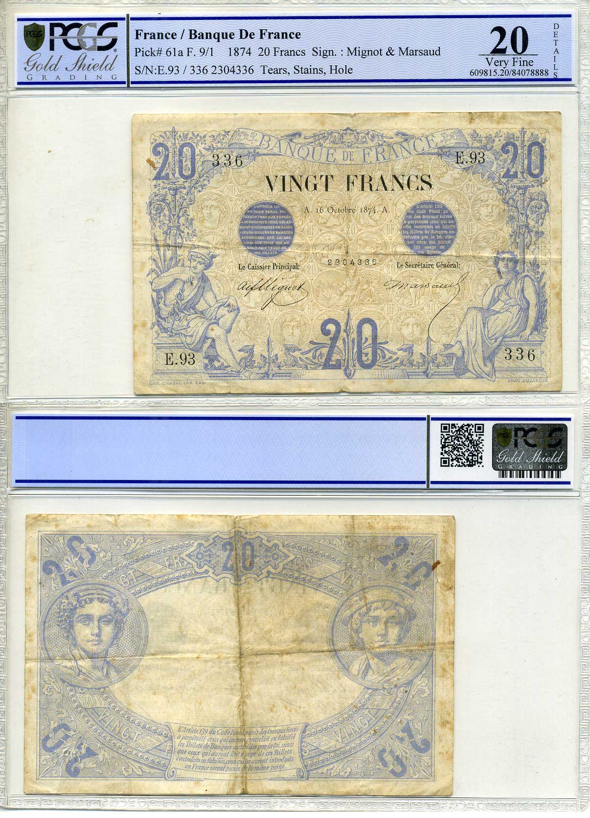 Франция 20 франков 1874 в слабе PCGS 20 Very Fine Pick 61 a бумага 10-2-20