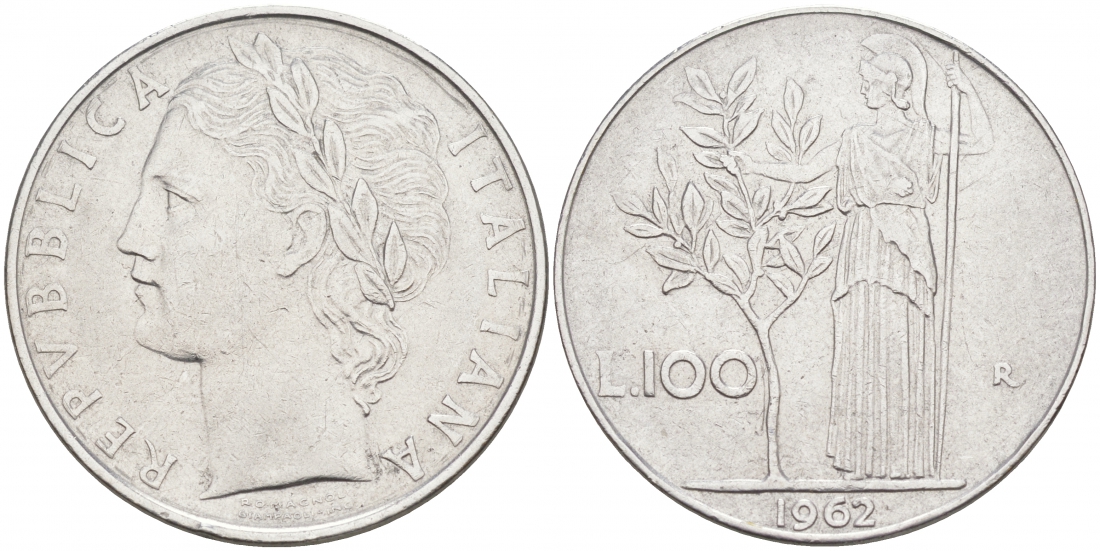 ИТАЛИЯ 100 ЛИР 1962 R АФИНА KM 96.1 сталь 3855-742