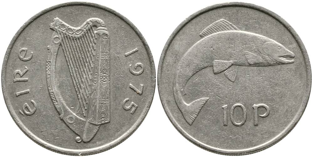 ИРЛАНДИЯ 10 ПЕНСОВ 1975 ЛОСОСЬ KM 23 медно-никель 4531-736