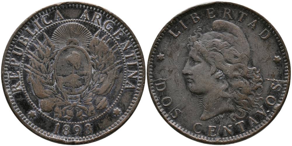 Аргентина 2 сентаво 1893 голова свободы влево KM 8 бронза 4531-1131