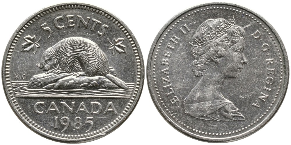 КАНАДА 5 ЦЕНТОВ 1985 ЕЛИЗАВЕТА II (1952-), БОБР, ВТОРОЙ ПОРТРЕТ В КОРОНЕ KM 60.2а медно-никель 4543-656
