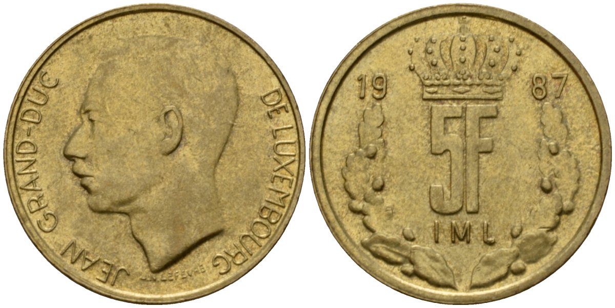 Люксембург 5 франков 1987 Великий герцог Жан (1964-1999) KM 60 алюминиевая бронза 4599-1215