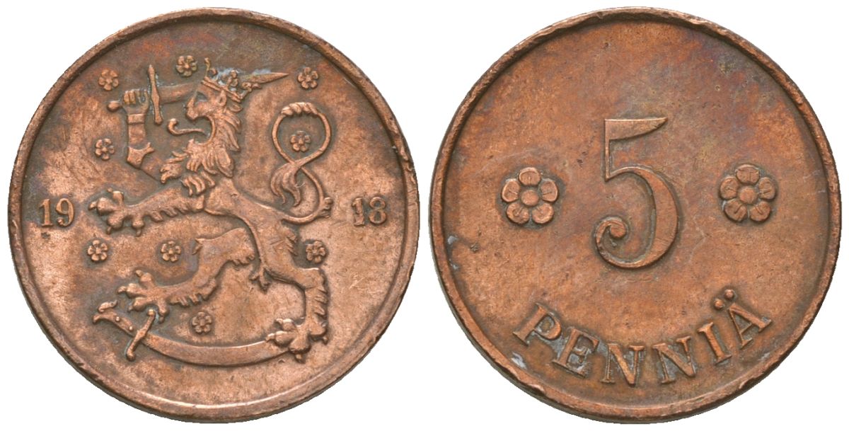 Финляндия 5 пенни 1918 KM 22 медь 4174-335