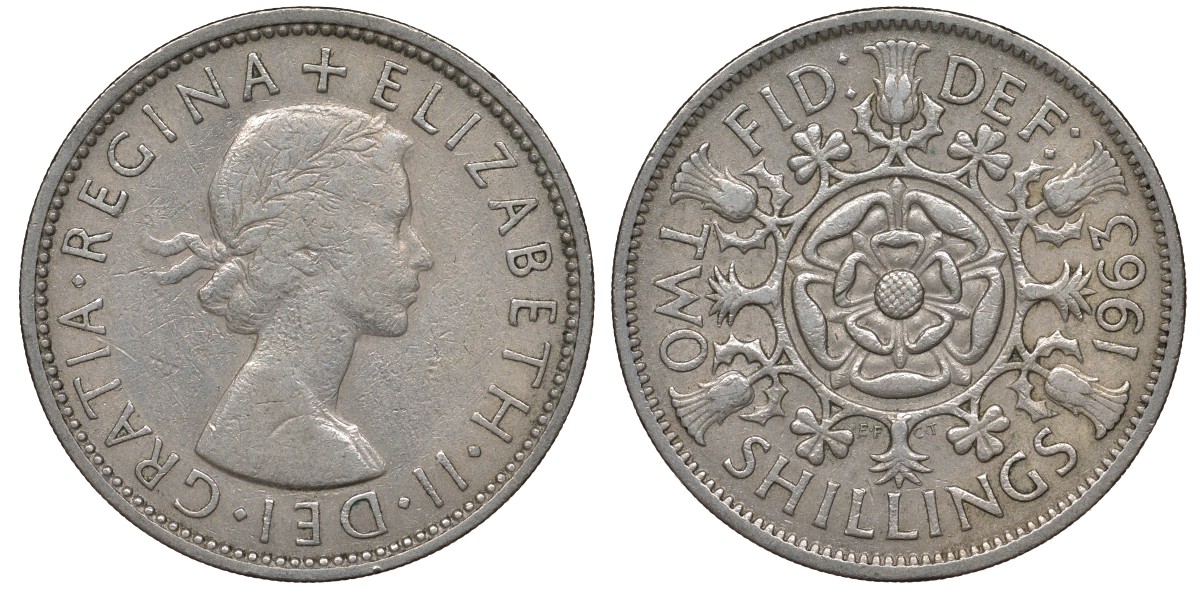 Великобритания 2 шиллинга (флорин) 1963 Елизавета II (1952-2022) KM 906, Spink 4146 медно-никель 4131-544