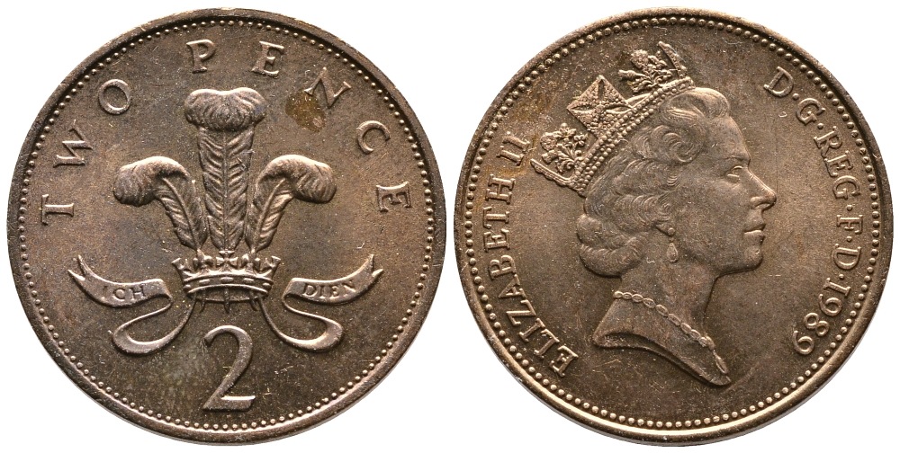 Великобритания 2 пенса 1989 Елизавета II (1952-2022) KM 936, Spink 4376 (C3) бронза 87-811