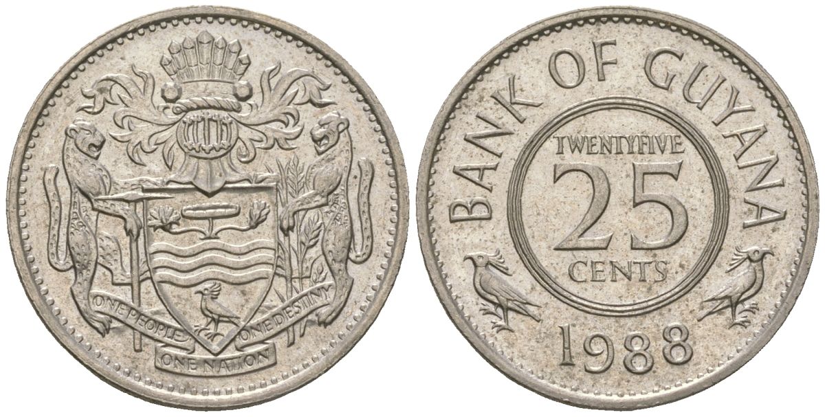 Гайана 25 центов 1988 KM 34 медно-никель UNC 4121-346