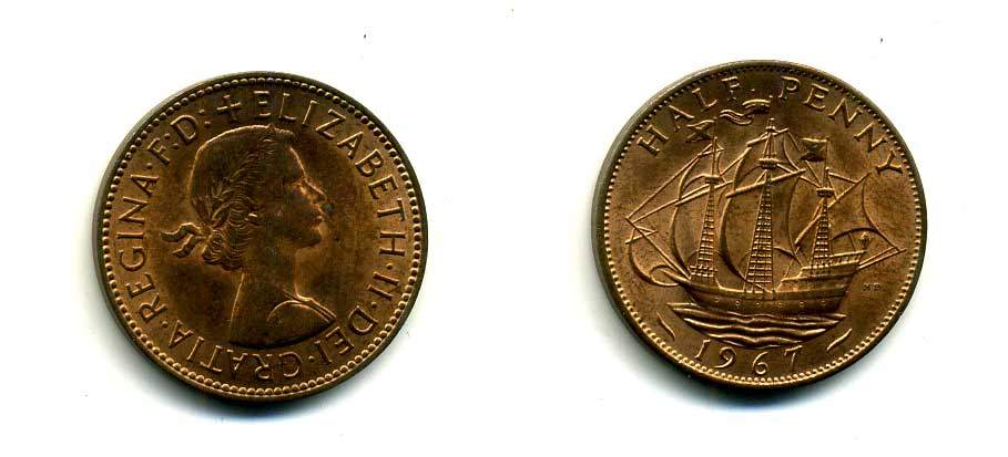 Великобритания 1/2 пенни 1967 Елизавета II (1952-2022) KM 896, Spink 4158 бронза UNC 179-937