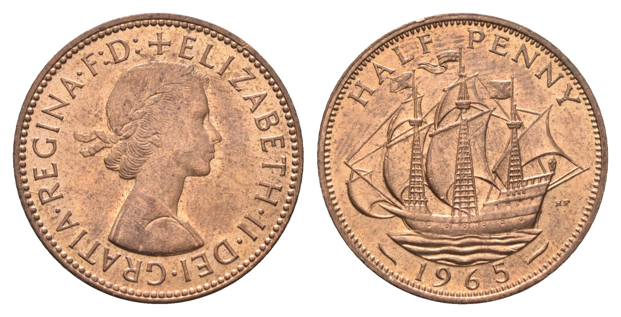 Великобритания 1/2 пенни 1965 Елизавета II (1952-2022) KM 896, Spink 4158 бронза aUNC 4662-1234