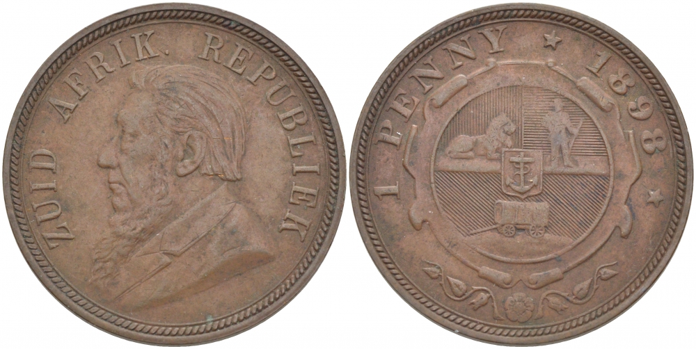 Южно-Африканская Республика, Трансвааль 1 пенни 1898 Пауль Крюгер KM 2 медь 180-941
