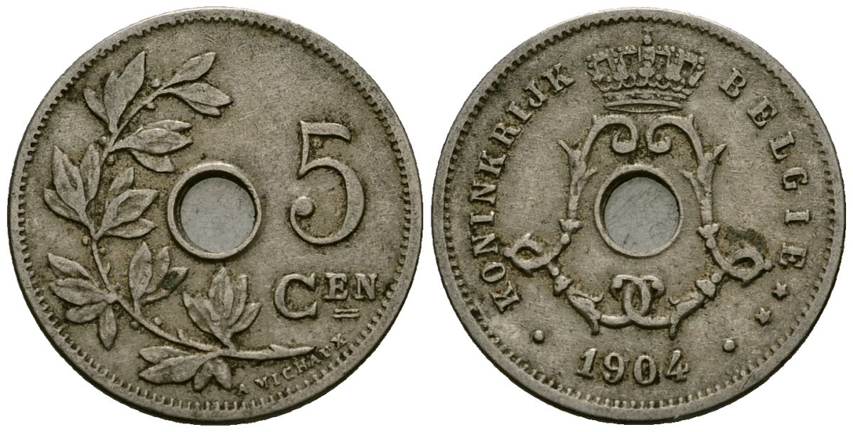 Бельгия 5 сантимов 1904 Belgie KM 55 медно-никель 4173-116