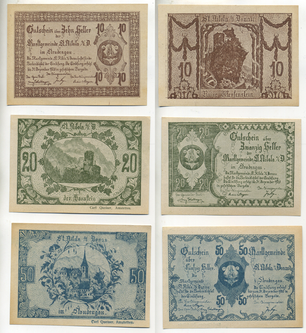 Австрия набор из 3 банкнот 1920 до 31 декабря 1920, нотгельд, 10, 20, 50 геллеров, ST. RIFOLA AN DER DONAU   бумага  aUNC  7555-2-1-1