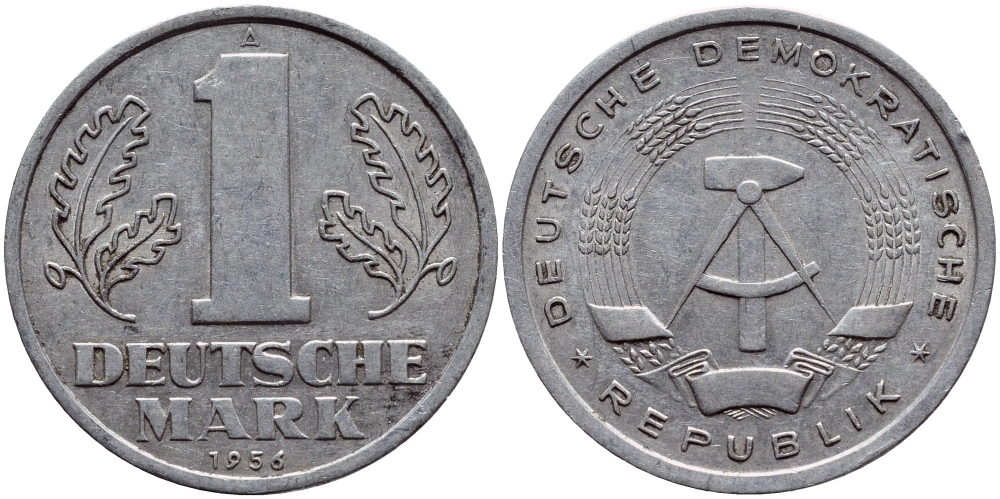 ГДР 1 МАРКА 1956 А, ПЕРВЫЙ ГОД KM 13 алюминий 4398-811