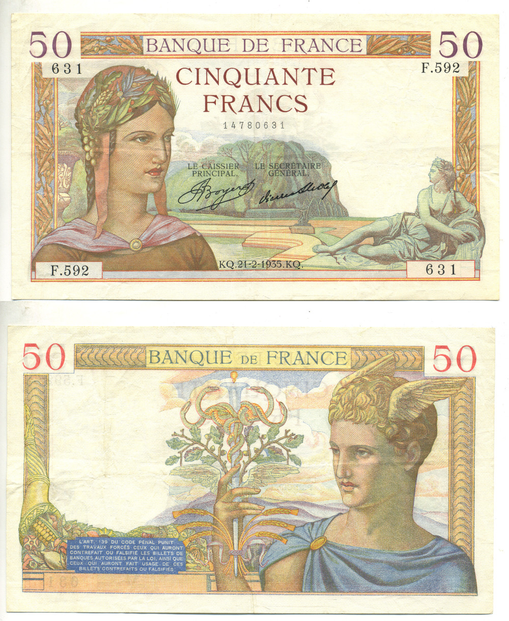 Франция 50 франков 1935 21 февраля 1935 Pick 81 бумага 3295-25-1-2