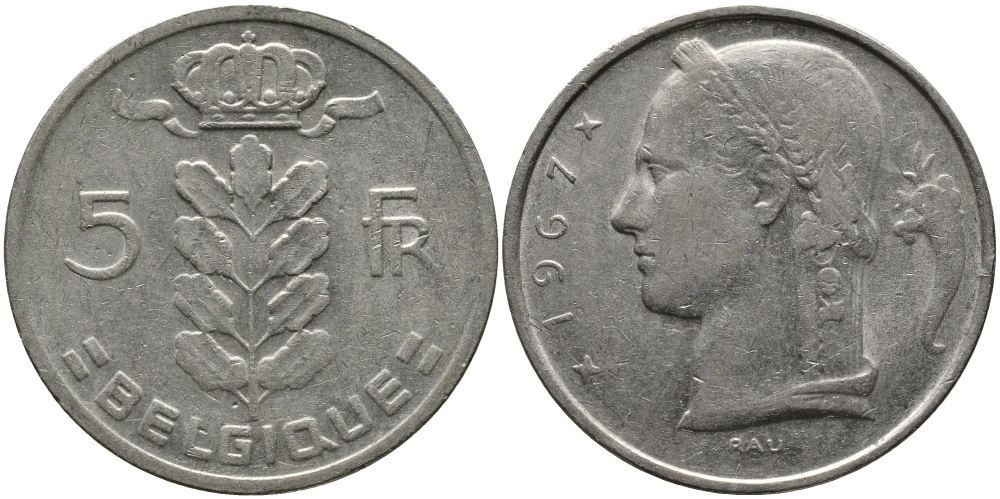 БЕЛЬГИЯ 5 ФРАНКОВ 1967 BELGIQUE KM 134.1 медно-никель 98-636