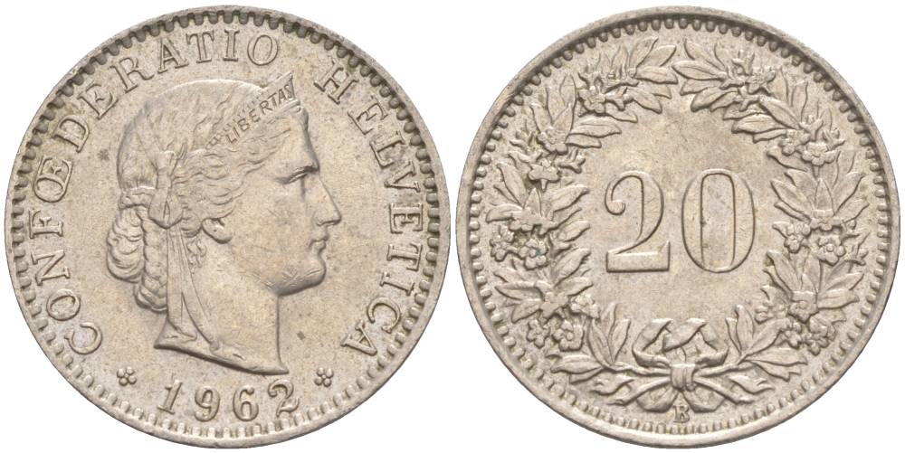 Швейцария 20 раппенов 1962 В KM 29a медно-никель 55-812