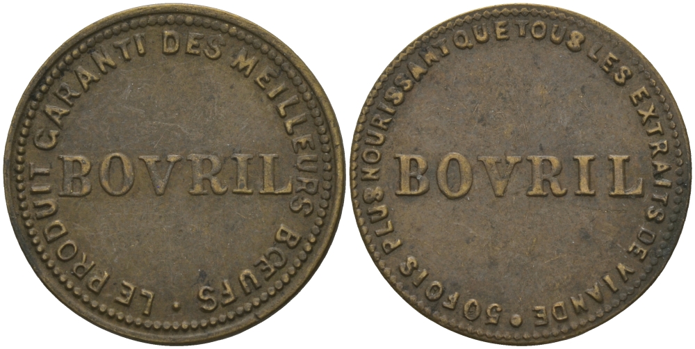 Англия жетон, токен ND В 50 РАЗ БОЛЬШЕ МЯСНОГО КОНЦЕНТРАТА, NAURISHING-THAN, BOVRIL, ДИАМЕТР 22 ММ. бронза 99-528