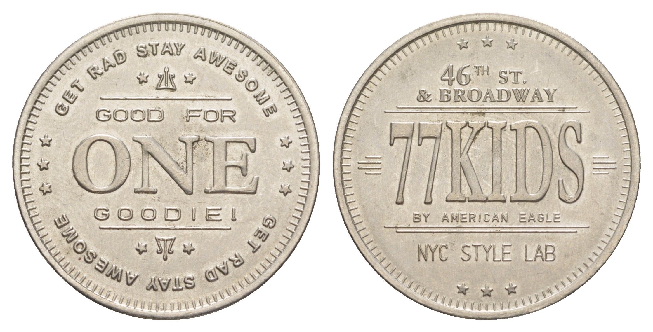 США, Нью-Йорк рекламный жетон магазина "77 kids" ND диаметр 28 мм, вес 6,4 гр белый металл 4171-1257