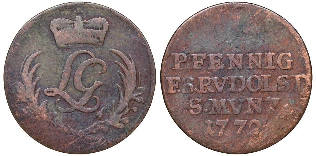 Шварцбург-Рудольштадт 1 пфенниг 1772 Людвиг Гюнтер II (1767-1790) KM 126 медь    116-657