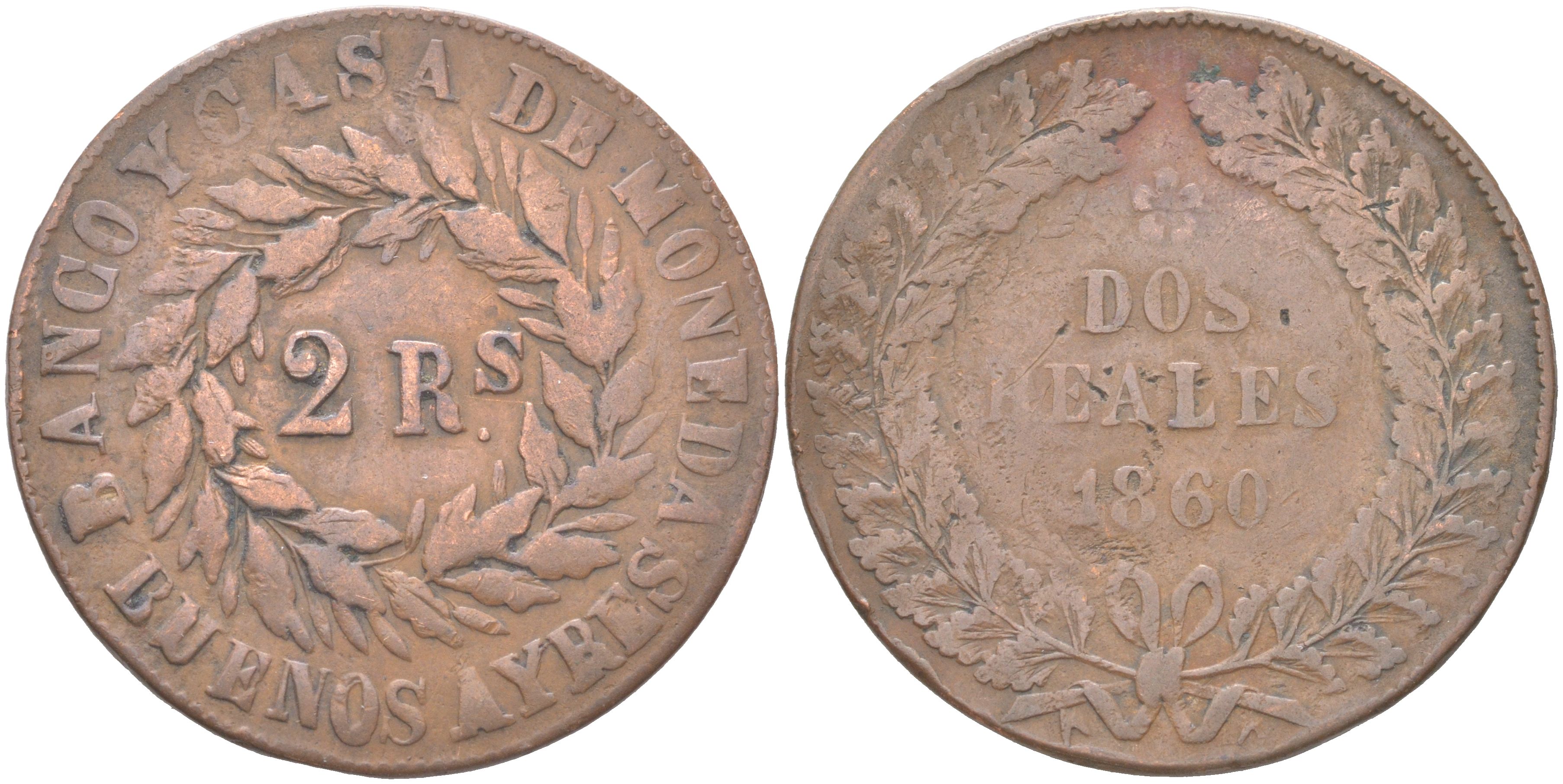 Аргентина, Буэнос-Айрес 2 реала 1860 KM 11 медь 4044-1131
