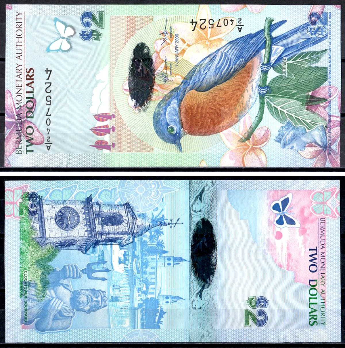 Бермудские острова (Бермуды) 2 доллара 2009 Синяя птица (Sialia sialis), Часовая башня на верфи (Гамильтон), Нептун Pick 57 c бумага UNC (пресс) 7548-68-1-1