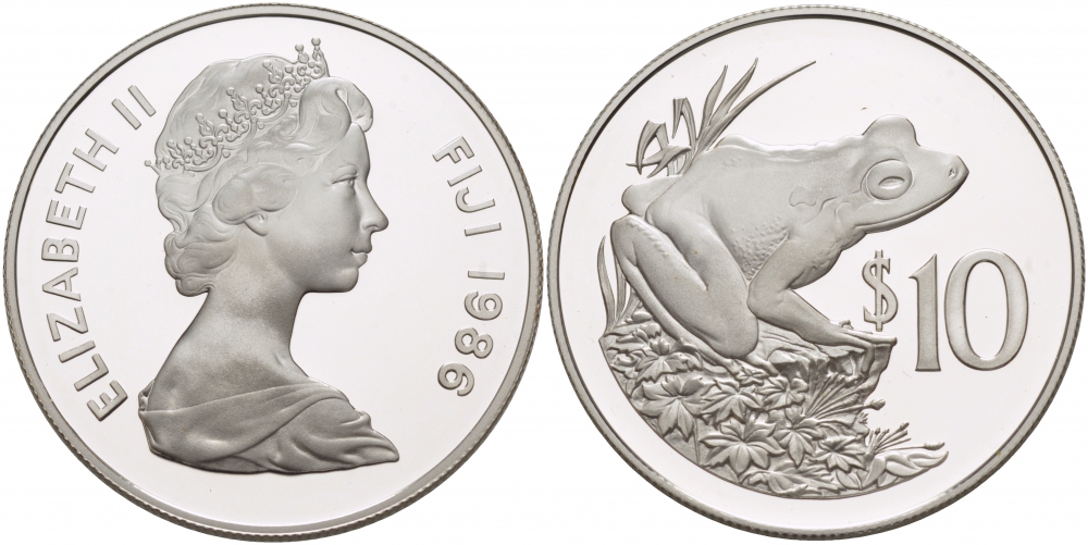 Фиджи 10 долларов 1986 серия 25 лет защиты окружающей среды, фиджийская земляная лягушка KM 55 серебро PROOF 1068-5-54