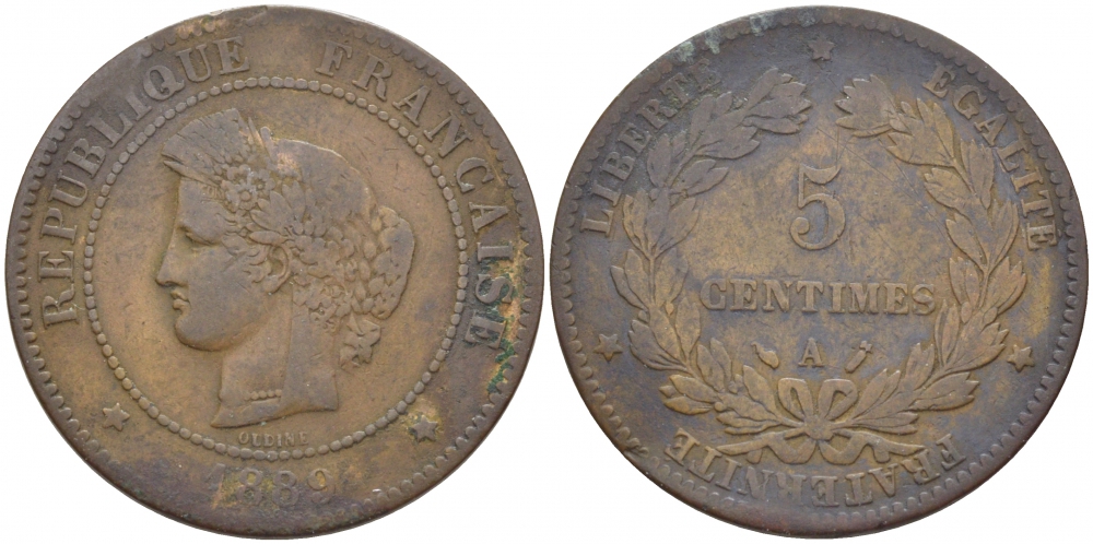 ФРАНЦИЯ 5 САНТИМОВ 1889 A, ТРЕТЬЯ РЕСПУБЛИКА (1871-1940) KM 821.1, LA FRANC 118.32 бронза 4448-137