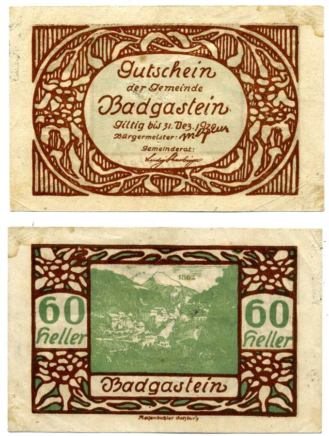 Бад-Гаштайн, Австрия 60 геллеров 1920 31 декабря 1920, нотгельд, земля Зальцбург бумага 2193-26-2-1