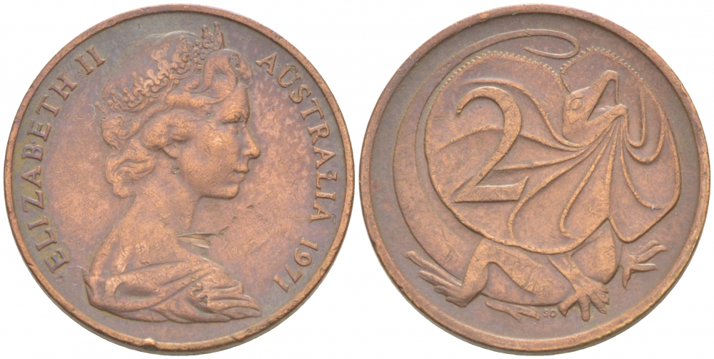 АВСТРАЛИЯ 2 ЦЕНТА 1971 ЕЛИЗАВЕТА II, МОЛОДОЙ ПОРТРЕТ, ПЛАЩЕНОСНАЯ ЯЩЕРИЦА (FRILLED LIZARD) KM 63 бронза 77-727