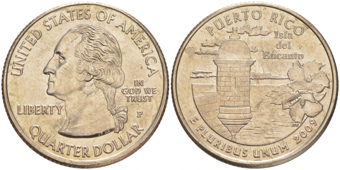 США 25 центов = квотер 2009 P, серия штаты США, штат Пуэрто-Рико KM 446 медь плакированная медно-никелем UNC M32-17