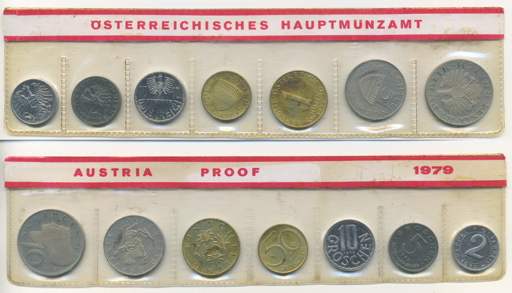 Австрия набор из 7 монет  1979  2, 5, 10, 50 грошей, 1, 5, 10 шиллингов, в целлофане KM PS 39 PROOF 4400-1-3