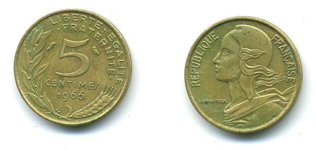 ФРАНЦИЯ 5 САНТИМОВ 1966 ТИП MARIANNE KM 933, LE FRANC 125.2 алюминиевая бронза 84-1527