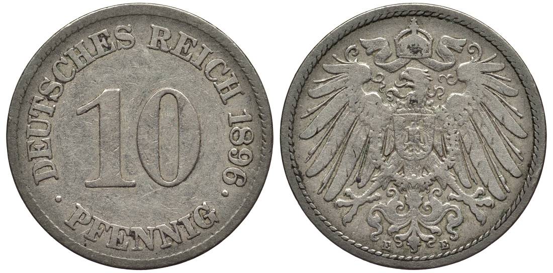 ГЕРМАНИЯ 10 ПФЕННИГОВ 1896 E KM 12, Jager 13, Weege 8 медно-никель 4538-755