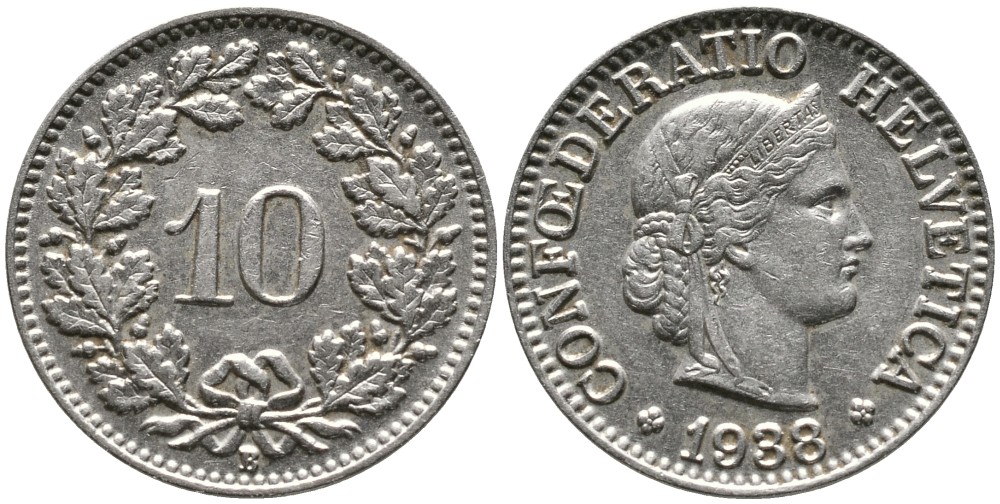 ШВЕЙЦАРИЯ 10 РАППЕНОВ 1938 В KM 27 медно-никель 4539-521