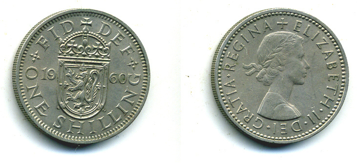 Великобритания 1 шиллинг 1960 Елизавета II (1952-2022), Шотландский герб KM 905, Spink 4148 медно-никель 89-1611