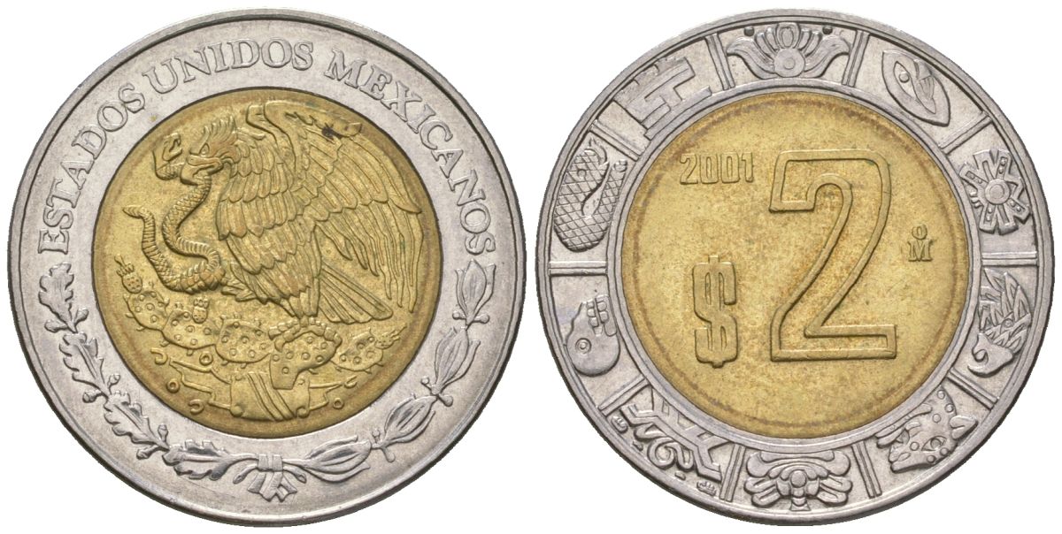 Мексика 2 песо 2001 M KM 604 биметалл 4591-222