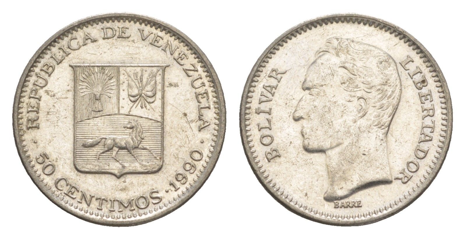 Венесуэла 50 сентимо 1990 Симон Боливар Y 41a сталь плакированная никелем 4584-632