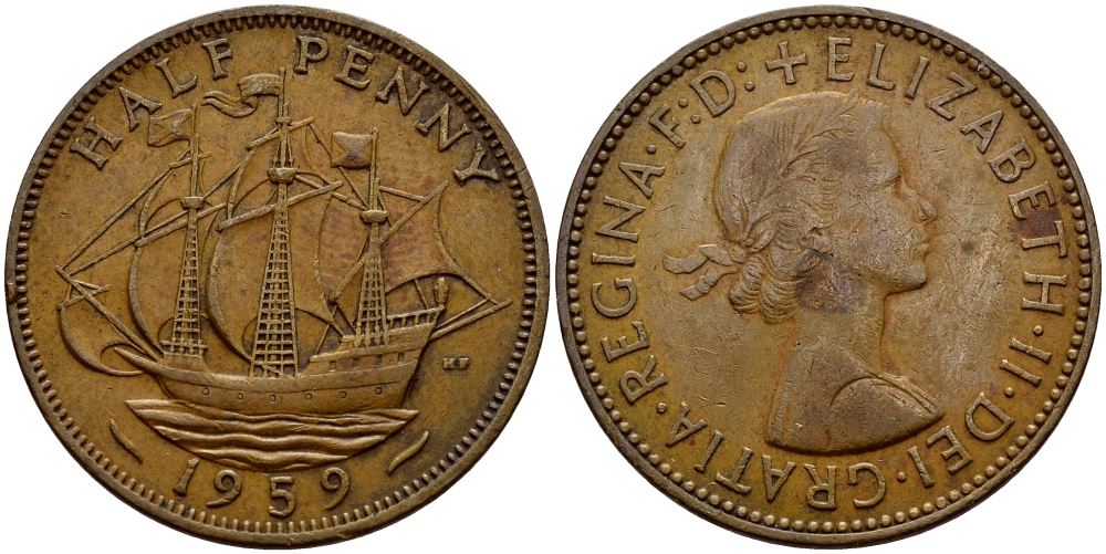 Великобритания 1/2 пенни 1959 Елизавета II (1952-2022) KM 896, Spink 4158 бронза 63-1325