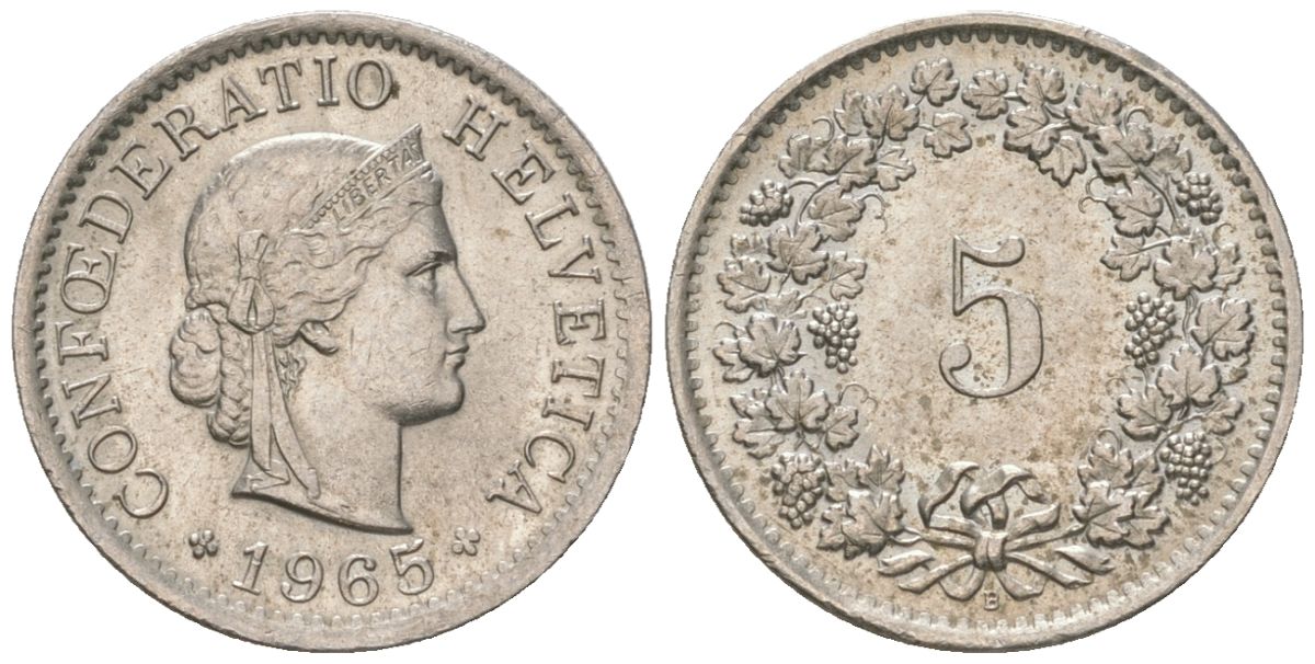 Швейцария 5 раппенов 1965 B, очень редкий год KM 26 медно-никель aUNC 4115-1237