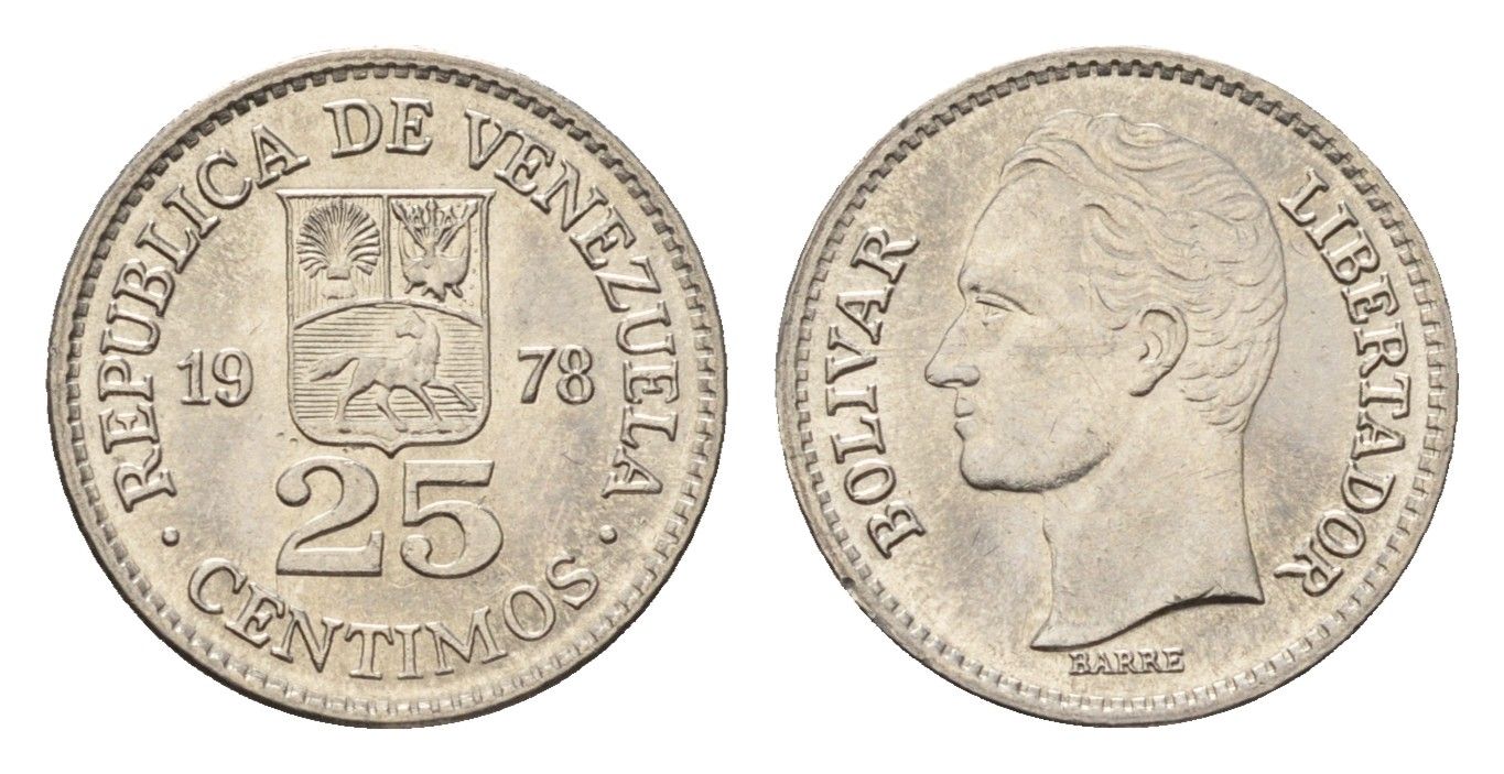 Венесуэла 25 сентимо 1978 Симон Боливар Y 50 никель UNC 4697-469