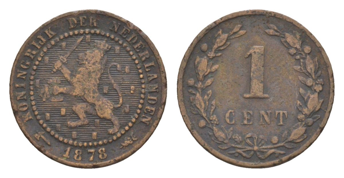 Нидерланды 1 цент 1878 Виллем III (1849-1890) KM 107 бронза 53-165