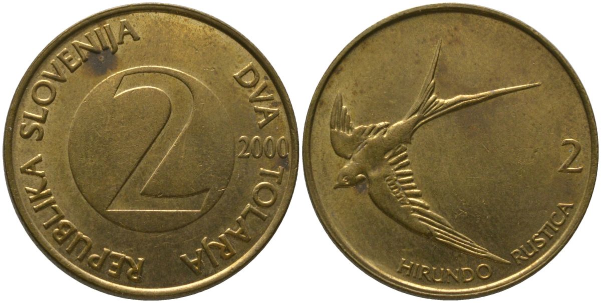 Словения 2 толара 2000 KM 5 латунь 4548-741
