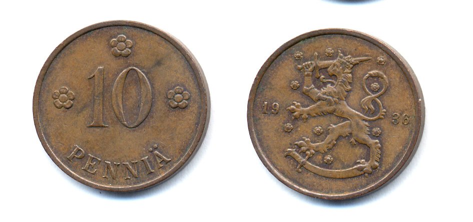Финляндия 10 пенни 1936 республика (1918-1962) KM 24 медь 51-5533