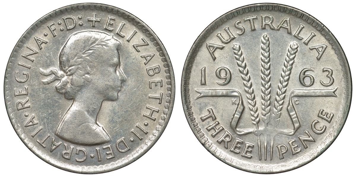 Австралия 3 пенса 1963 m, Елизавета II (1952-2022) KM 57 серебро 71-866