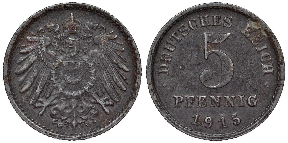 Германия 5 пфеннигов 1915 G KM 19, J. 297, Weege 5 железо 4118-1044